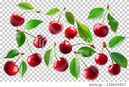 Juicy red cherries with fresh green leaves and water droplets, isolated on a white background, concept of freshness Juicy red cherries with fresh green leaves and water droplets, isolated on a white background, concept of freshness 138024957