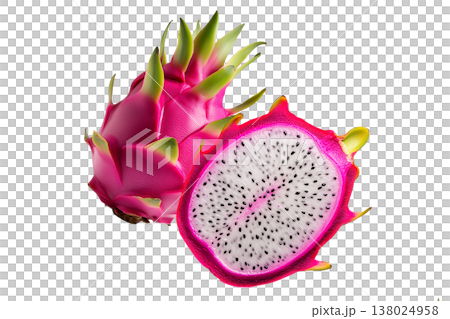 Whole and halved dragon fruits with vibrant pink skin and white flesh with seeds, on white background, concept of tropical food Whole and halved dragon fruits with vibrant pink skin and white flesh with seeds, on white background, concept of tropical food 138024958