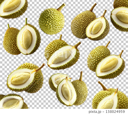 Whole and cut durian fruits arranged in a seamless pattern, isolated on white background. Concept of tropical food and exotic fruit Whole and cut durian fruits arranged in a seamless pattern, isolated on white background. Concept of tropical food and exotic fruit 138024959
