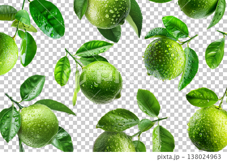 Juicy green limes with vibrant leaves covered in water droplets, isolated on white background, concept of freshness and citrus 138024963
