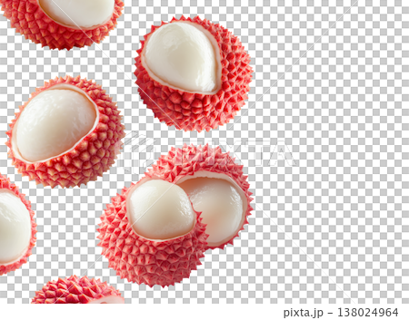 Fresh whole and peeled lychees with spiky pink skins and juicy white flesh on white background, concept of tropical fruit 138024964
