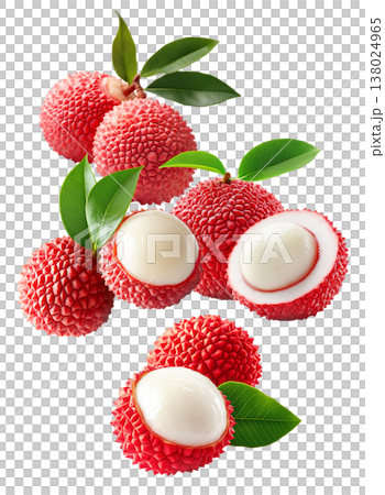 Juicy lychee fruits with red rough skin and green leaves, peeled and whole, on white background. Concept of tropical fruit 138024965