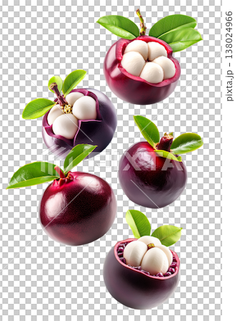 Whole and halved mangosteen fruits with green leaves isolated on white background, concept of tropical exotic fruits pattern 138024966