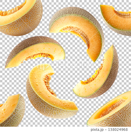 Fresh cantaloupe melon slices arranged in a seamless pattern isolated on white background, summer fruit freshness and health 138024968