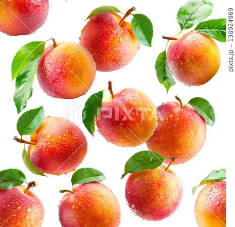 Juicy red-yellow plums and nectarines with dew drops and green leaves, isolated on white background, freshness and summer fruit Juicy red-yellow plums and nectarines with dew drops and green leaves, isolated on white background, freshness and summer fruit 138024969