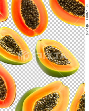 Multiple ripe papaya halves with dark seeds shown isolated on white background, representing a fresh tropical fruit concept 138024970