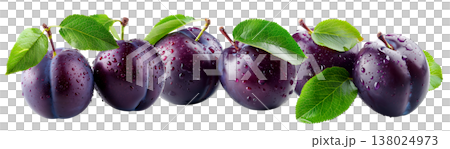Juicy red and purple plums with green leaves and water droplets on white background, concept of freshness and healthy food 138024973