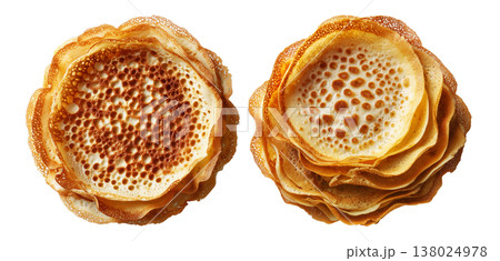 Sago Pancakes thin crepes or stack of pancakes topped with powdered sugar isolated on white background, Papua New Guinea breakfast 138024978