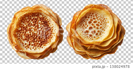 Sago Pancakes thin crepes or stack of pancakes topped with powdered sugar isolated on white background, Papua New Guinea breakfast 138024978