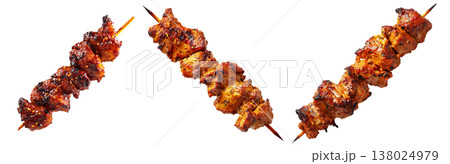 Anticuchos grilled beef meat skewer isolated on white transparent background, concept of South American barbecue cuisine 138024979