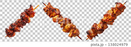 Anticuchos grilled beef meat skewer isolated on white transparent background, concept of South American barbecue cuisine 138024979