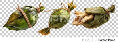 Venezuelan tamales wrapped in corn husk, tied with rustic rope, isolated on white background, representing South American cuisine Venezuelan tamales wrapped in corn husk, tied with rustic rope, isolated on white background, representing South American cuisine 138024982