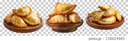 Saltenas Bolivianas baked empanadas with braided edges on wooden plate isolated on white background, South American Cuisine 138024985