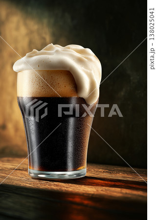 Frothy stout beer pint glass on dark background, representing refreshment and rich beverage appeal Frothy stout beer pint glass on dark background, representing refreshment and rich beverage appeal 138025041