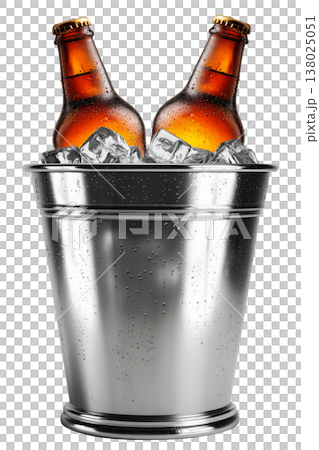 Set of cold beer bottles in a shiny metal bucket with ice cubes isolated on white background, concept refreshment 138025051