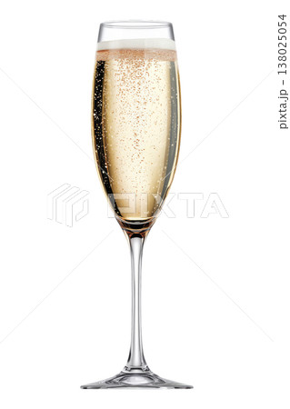 Closeup of champagne flute with golden bubbles isolated on white background symbolizing celebration and elegance Closeup of champagne flute with golden bubbles isolated on white background symbolizing celebration and elegance 138025054