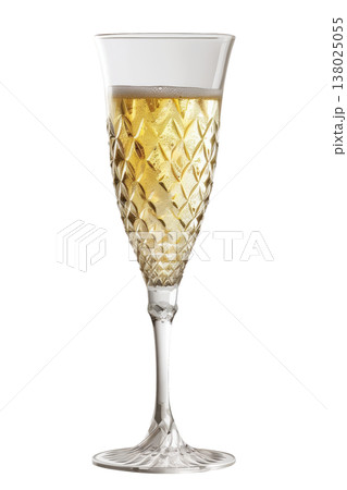 A crystal champagne glass flute filled with bubbly golden drink isolated on white background, concept celebration A crystal champagne glass flute filled with bubbly golden drink isolated on white background, concept celebration 138025055