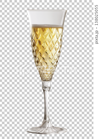 A crystal champagne glass flute filled with bubbly golden drink isolated on white background, concept celebration A crystal champagne glass flute filled with bubbly golden drink isolated on white background, concept celebration 138025055