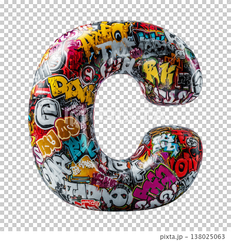 Inflatable letter C covered in graffiti art isolated on white background, representing urban creativity and bold street concept 138025063