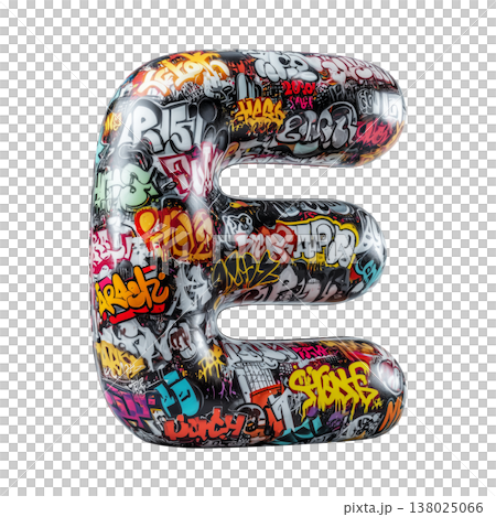 Inflatable letter E covered in graffiti art isolated on white background, representing urban creativity and bold street concept Inflatable letter E covered in graffiti art isolated on white background, representing urban creativity and bold street concept 138025066