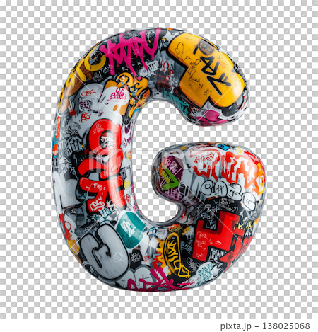 Inflatable letter G covered in graffiti art isolated on white background, representing urban creativity and bold street concept 138025068