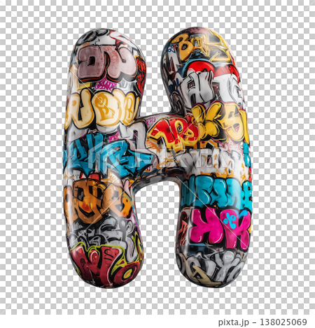 Inflatable letter H covered in graffiti art isolated on white background, representing urban creativity and bold street concept 138025069