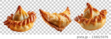 Set of Sambousek small crescent baked dumpling with twisted and pinched crust with cheese or meat, isolated on white background 138025076