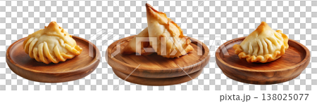 Set of Sambousek small crescent baked dumpling with twisted and pinched crust with cheese or meat, isolated on white background Set of Sambousek small crescent baked dumpling with twisted and pinched crust with cheese or meat, isolated on white background 138025077