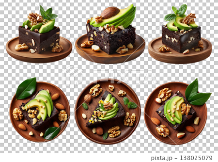 Rich chocolate brownie slice with avocado, walnuts, mint leaves and almond toppings on wooden round plate isolated on white Rich chocolate brownie slice with avocado, walnuts, mint leaves and almond toppings on wooden round plate isolated on white 138025079