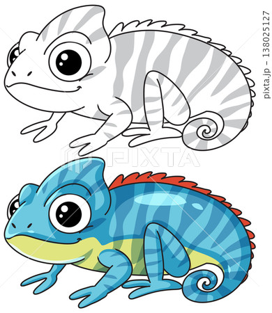 Cute Cartoon Chameleon Vector Illustration in Color and Line Art 138025127