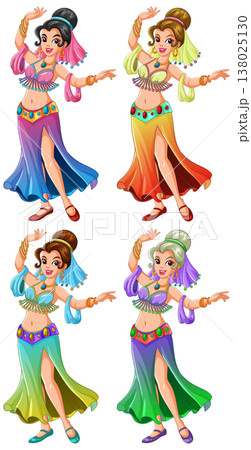 Colorful Belly Dancer Characters in Four Costume Variations 138025130