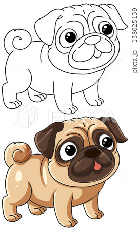 Cute Cartoon Pug Puppy Vector Illustration and Coloring Page Outline 138025139