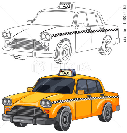Yellow City Taxi Car in Color and Outline 138025163