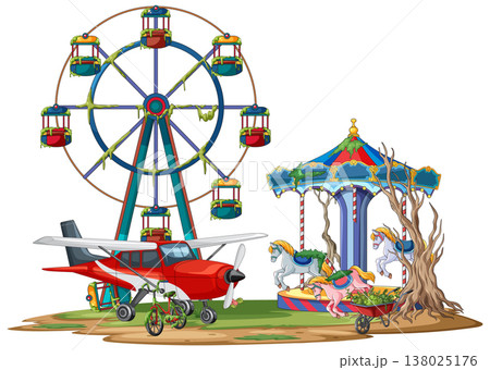 Abandoned Amusement Park With Ferris Wheel and Carousel Abandoned Amusement Park With Ferris Wheel and Carousel 138025176