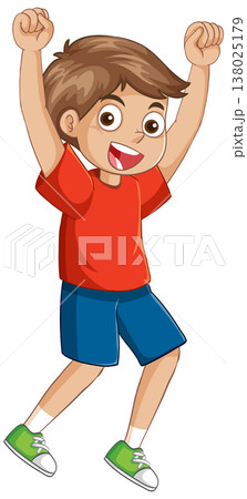 Happy Young Boy Jumping with Arms Raised in Celebration 138025179