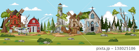 Abandoned Rural Village With Haunted Church and Windmills 138025186