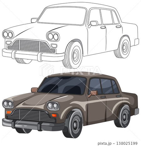 Classic Sedan Car Coloring Outline and Colored Illustration 138025199