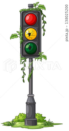 Overgrown Broken Traffic Light in Abandoned Urban Setting 138025200