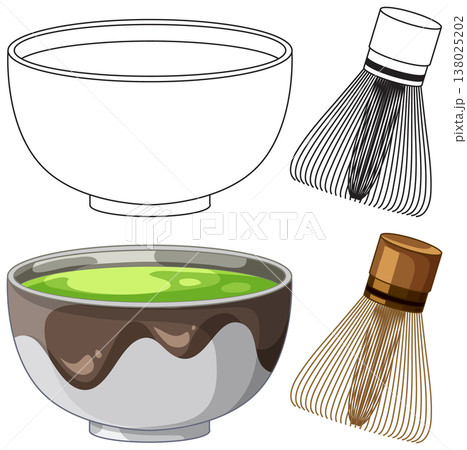 Japanese Matcha Tea Bowl and Bamboo Whisk Vector Set Japanese Matcha Tea Bowl and Bamboo Whisk Vector Set 138025202