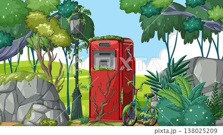 Abandoned Red Phone Booth Overgrown in Lush Forest 138025209