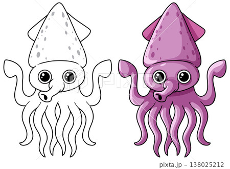 Cute Cartoon Squid Character in Color and Line Art Versions 138025212