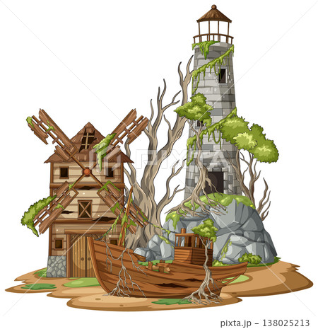 Abandoned Lighthouse, Windmill House, and Shipwreck Illustration Abandoned Lighthouse, Windmill House, and Shipwreck Illustration 138025213