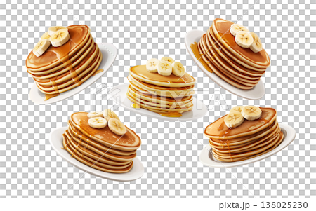 Stacks of banana topped pancakes drizzled with syrup from above plates, isolated on white background, concept of breakfast. Stacks of banana topped pancakes drizzled with syrup from above plates, isolated on white background, concept of breakfast. 138025230