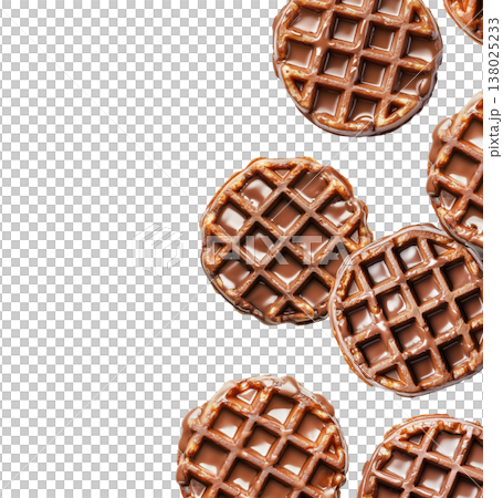 Multiple chocolate covered waffles arranged in a flat lay style isolated on white background, showing a sweet dessert food concept Multiple chocolate covered waffles arranged in a flat lay style isolated on white background, showing a sweet dessert food concept 138025233