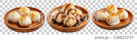 Set of Coconut rice balls or dumplings topped with syrup on wooden plate, on white background, concept of Polynesian Snacks Set of Coconut rice balls or dumplings topped with syrup on wooden plate, on white background, concept of Polynesian Snacks 138025237