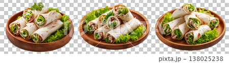 Set of Lu Pulu beef wraps filled with coconut cream in taro leaves on wooden plate, isolated on white transparent background 138025238