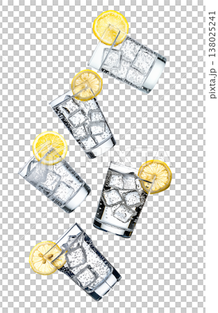 Multiple glasses of sparkling mineral water with lemon slices isolated on white background, expressing freshness Multiple glasses of sparkling mineral water with lemon slices isolated on white background, expressing freshness 138025241