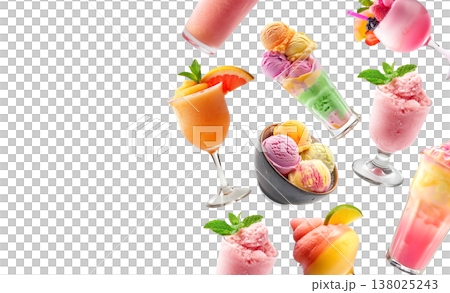 Assorted vibrant frozen beverages sherbet and ice cream isolated on white background, expressing summer refreshment concept 138025243