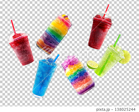 Colorful layered iced drinks slushie in jars and cups isolated on white background expressing freshness 138025244