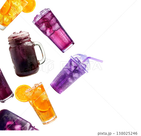 Colorful iced fruit soda drinks in cups and jars isolated on white background conveying refreshment and summer mood 138025246